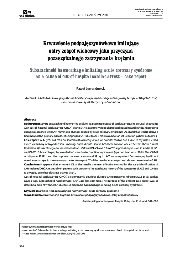 (PDF) Krwawienie podpajęczynówkowe imitujące ostry zespół wieńcowy jako