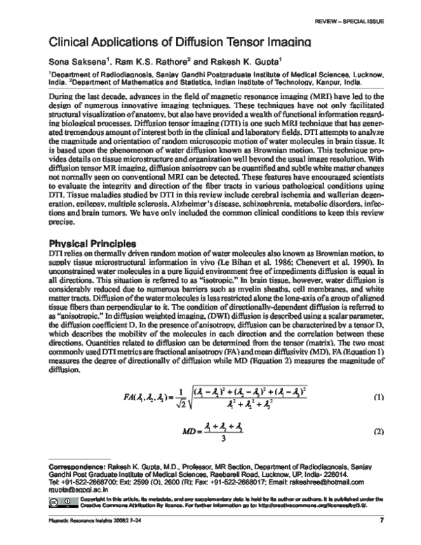 (PDF) Clinical Applications of Diffusion Tensor Imaging