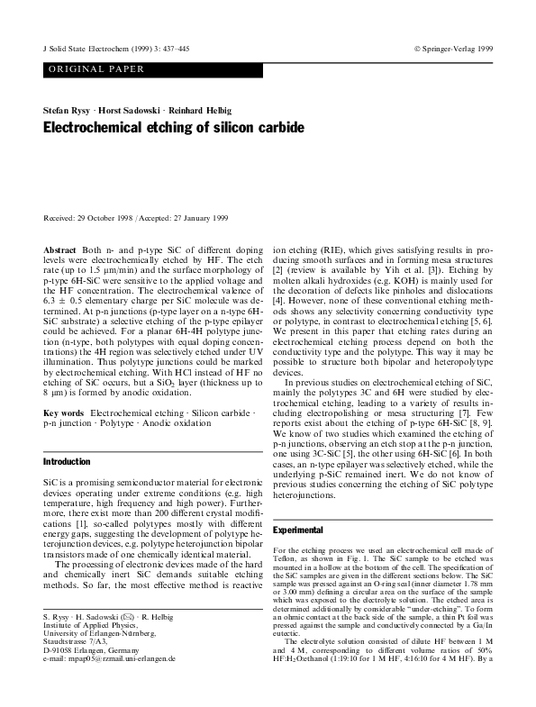 (PDF) Electrochemical etching of silicon carbide Stefan Rysy