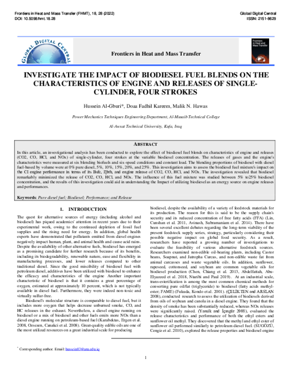 (PDF) Investigate the Impact of Biodiesel Fuel Blends on the ...