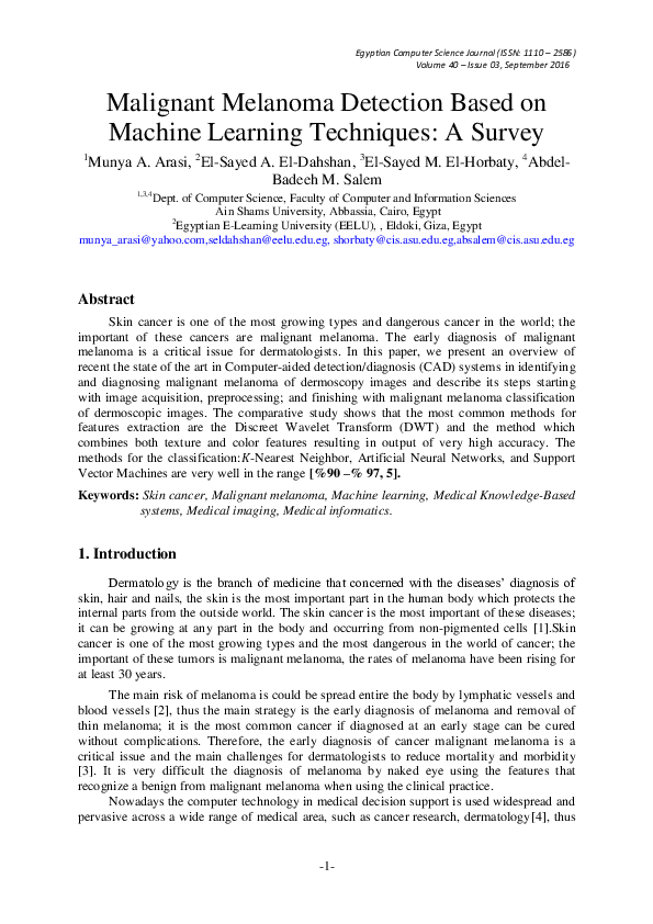 Pdf Malignant Melanoma Detection Based On Machine Learning Techniques
