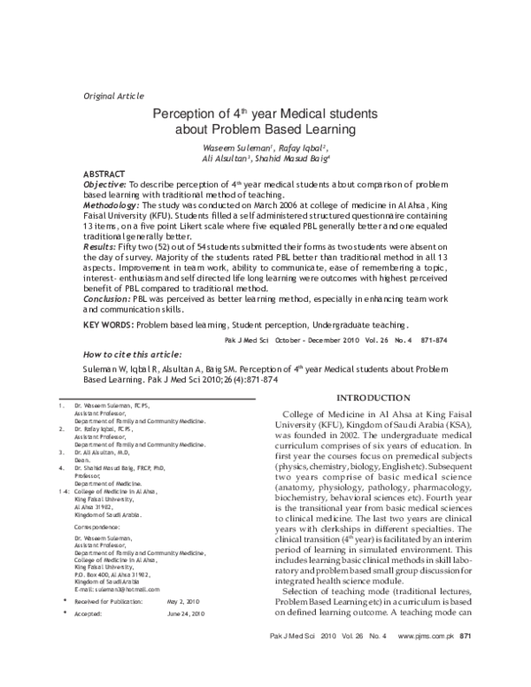 (PDF) Perception of 4th year Medical students about Problem Based Learning