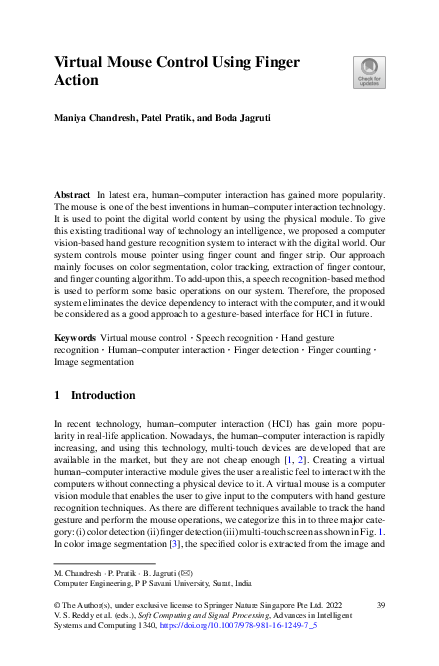 (PDF) Virtual Mouse Control Using Finger Action