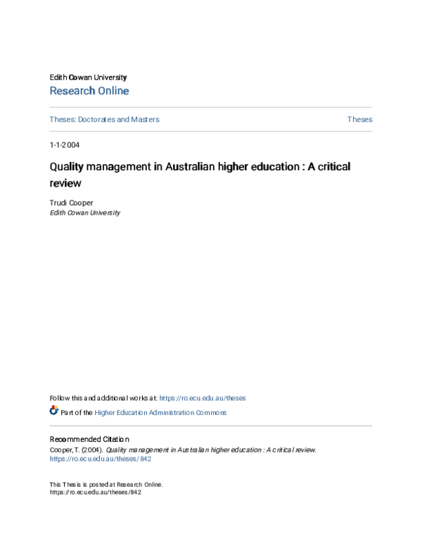 (PDF) Quality management in Australian higher education : a critical review