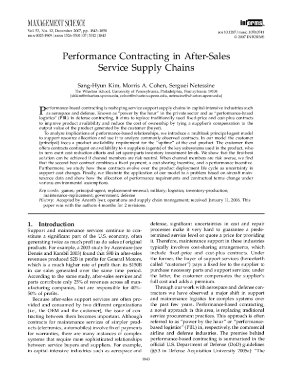 (PDF) Performance Contracting in After-Sales Service Supply Chains