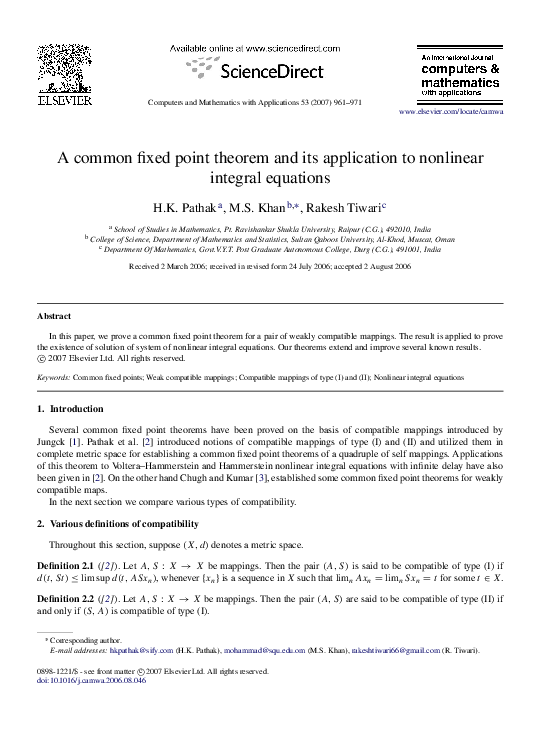(PDF) A common fixed point theorem and its application to nonlinear ...