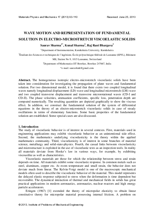 (PDF) Wave Motion and Representation of Fundamental Solution in Electro ...