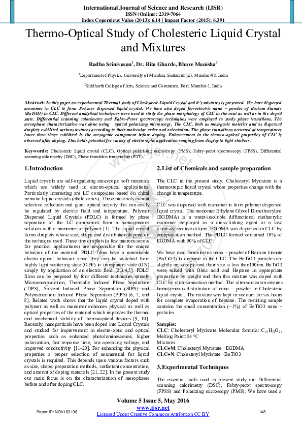 (PDF) Thermo-Optical Study of Cholesteric Liquid Crystal and Mixtures