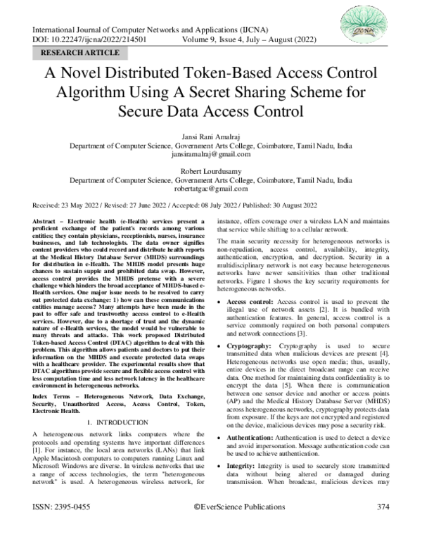 (PDF) A Novel Distributed Token-Based Access Control Algorithm Using A ...