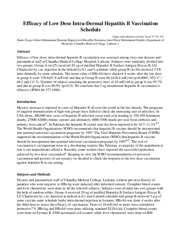(PDF) Efficacy of low dose intra-dermal hepatitis B vaccination schedule