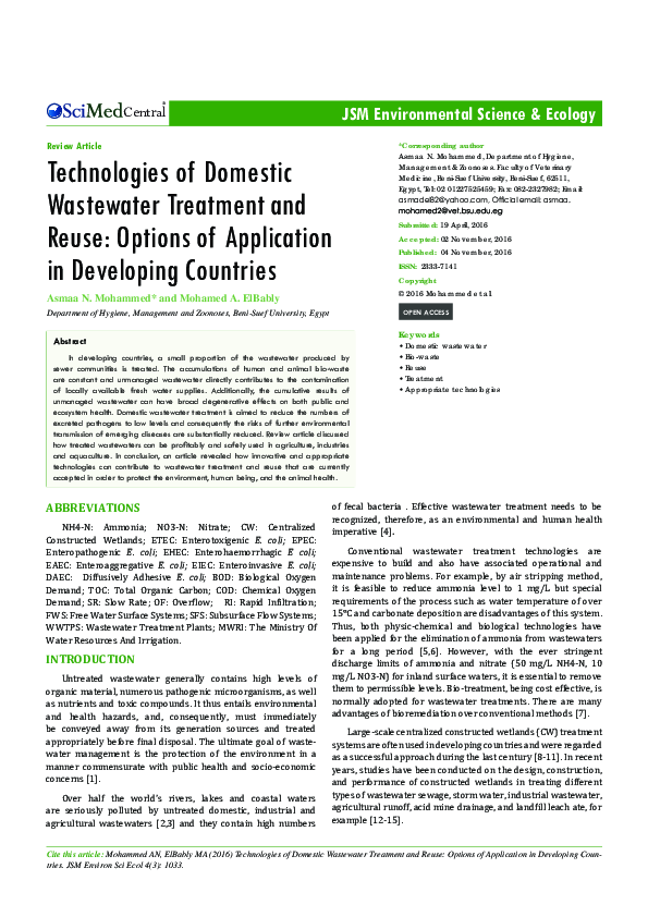 (PDF) Technologies of Domestic Wastewater Treatment and Reuse Options