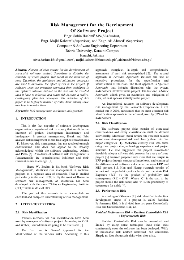 (PDF) Risk Management for the Development Of Software Project