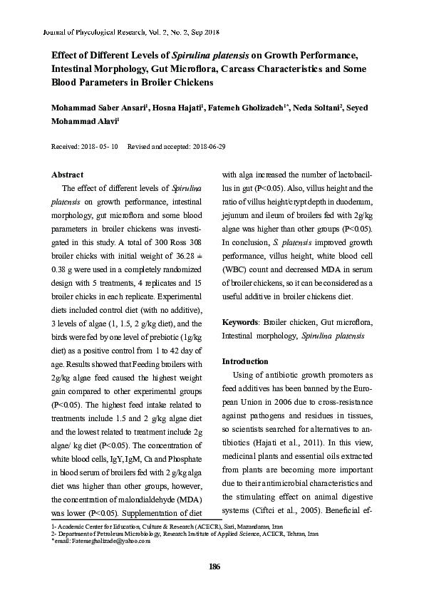 (PDF) Effect of Different Levels of Spirulina platensis on Growth ...