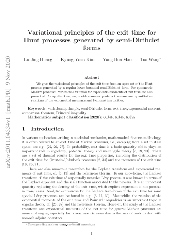 (PDF) Variational principles of the exit time for Hunt processes ...