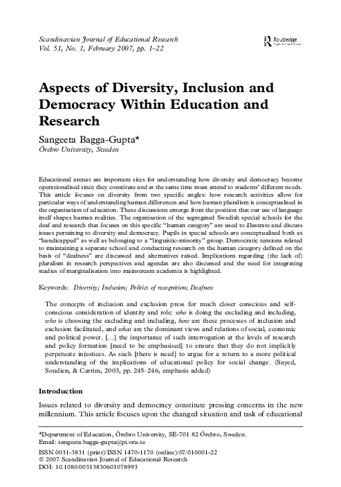 (PDF) Aspects of Diversity, Inclusion and Democracy Within Education ...