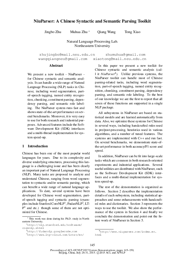 (PDF) NiuParser: A Chinese Syntactic and Semantic Parsing Toolkit