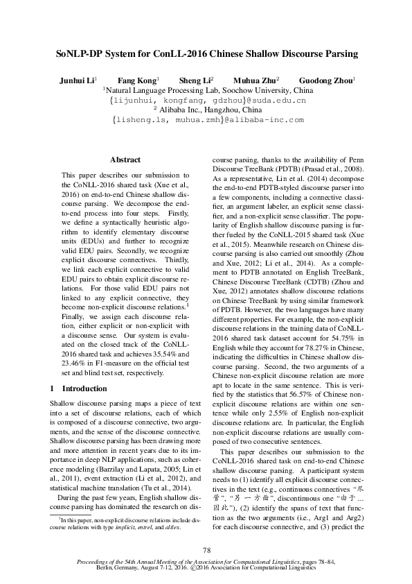 (PDF) SoNLP-DP System for ConLL-2016 Chinese Shallow Discourse Parsing