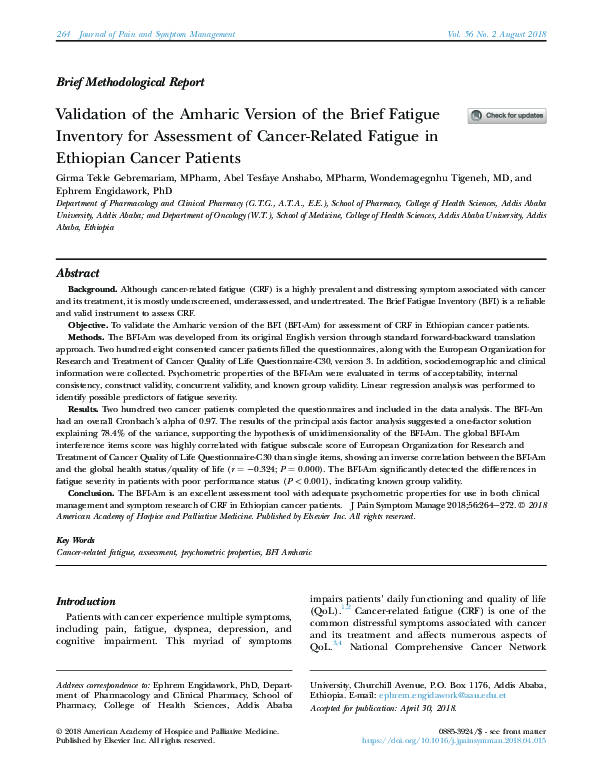 (PDF) Validation of the Amharic Version of the Brief Fatigue Inventory ...