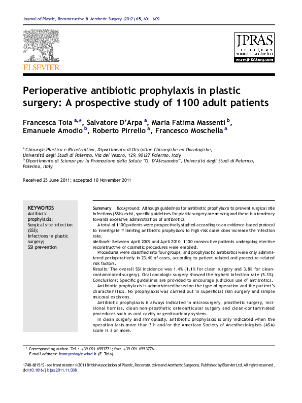 (PDF) Perioperative antibiotic prophylaxis in plastic surgery: A ...