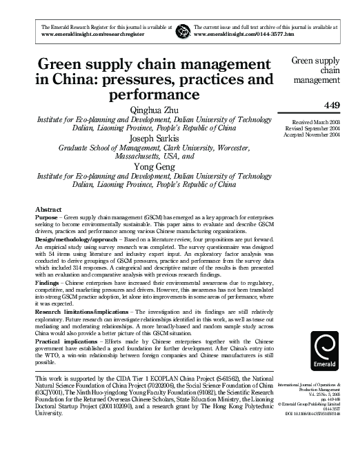 (PDF) Green supply chain management in China: pressures, practices and ...