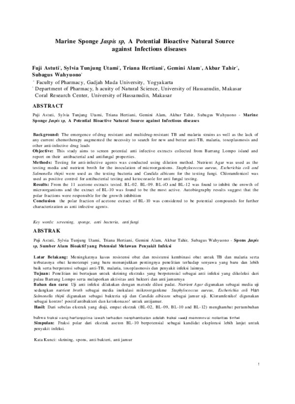 (PDF) Marine sponges, Jaspis sp., a potential bioactive natural source ...