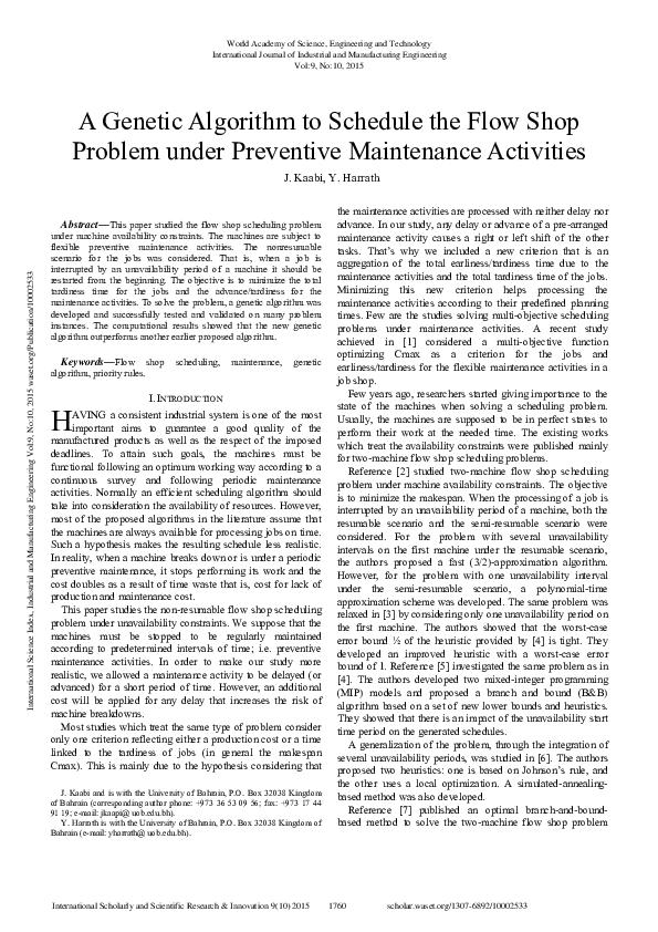 (PDF) A Genetic Algorithm To Schedule The Flow Shop Problem Under ...
