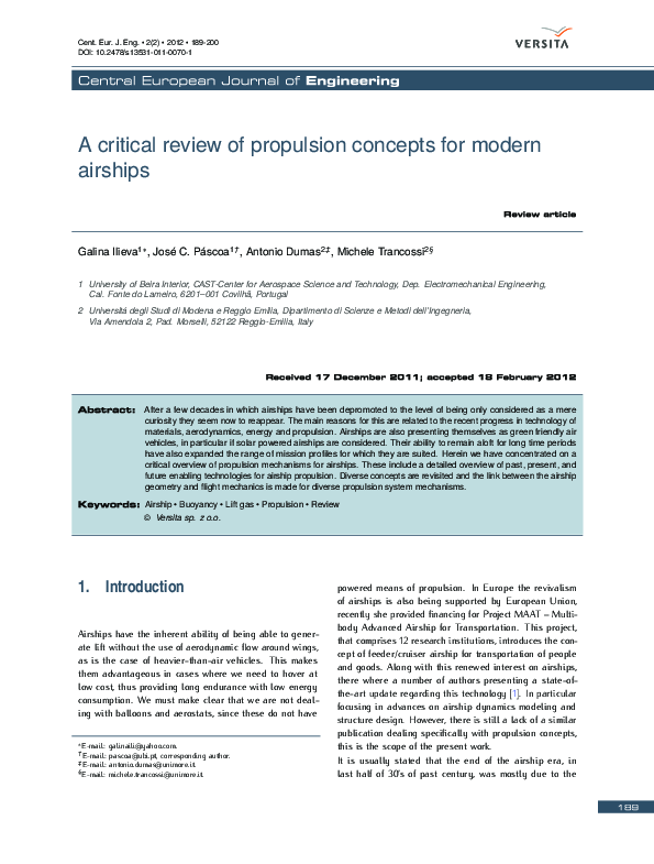 (PDF) A critical review of propulsion concepts for modern airships