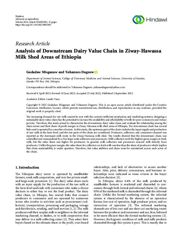 (PDF) Analysis of Downstream Dairy Value Chain in Ziway-Hawassa Milk ...