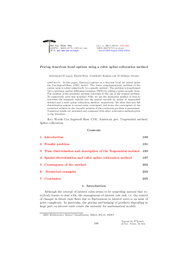 (PDF) Pricing American bond options using a cubic spline collocation method