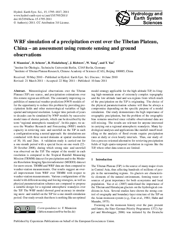 (PDF) WRF simulation of a precipitation event over the Tibetan Plateau ...