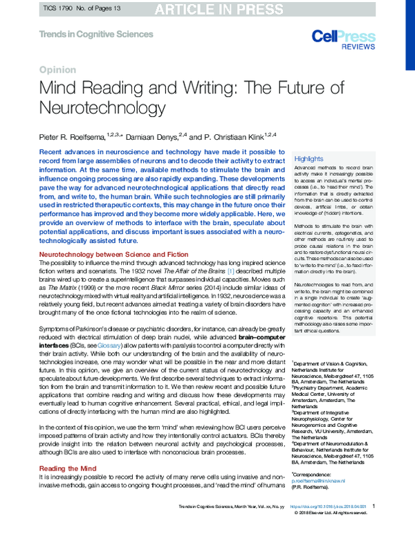 (PDF) Mind Reading and Writing: The Future of Neurotechnology