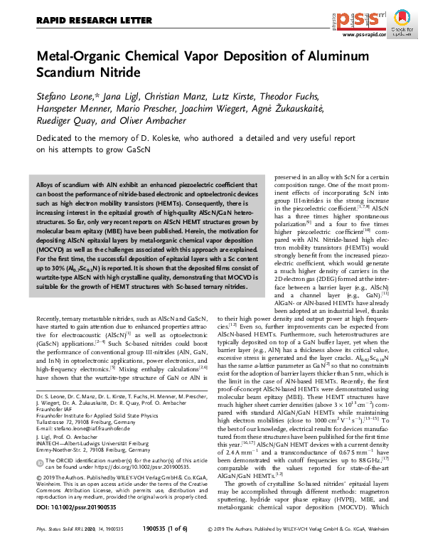 (PDF) Metal‐Organic Chemical Vapor Deposition of Aluminum Scandium Nitride
