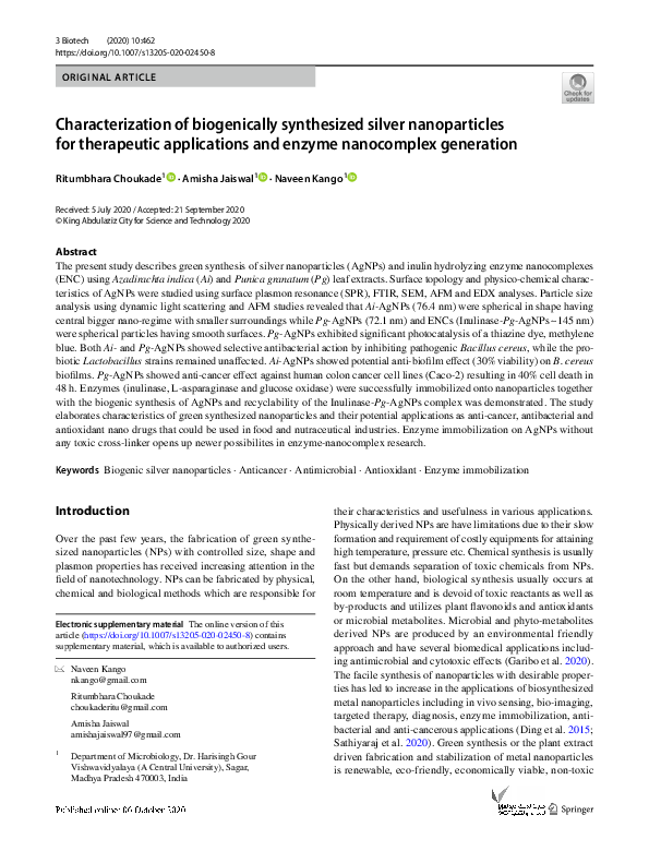 (PDF) Characterization of biogenically synthesized silver nanoparticles ...