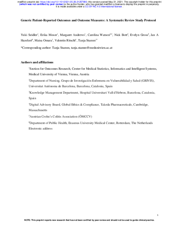 (PDF) Generic Patient-Reported Outcomes and Outcome Measures: A ...