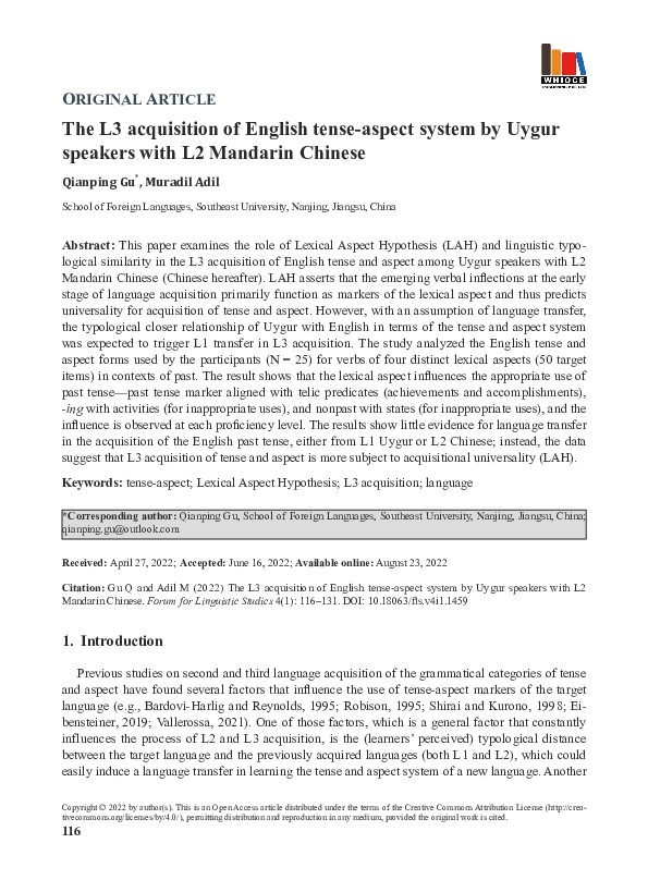 (PDF) The L3 acquisition of English tense-aspect system by Uygur ...