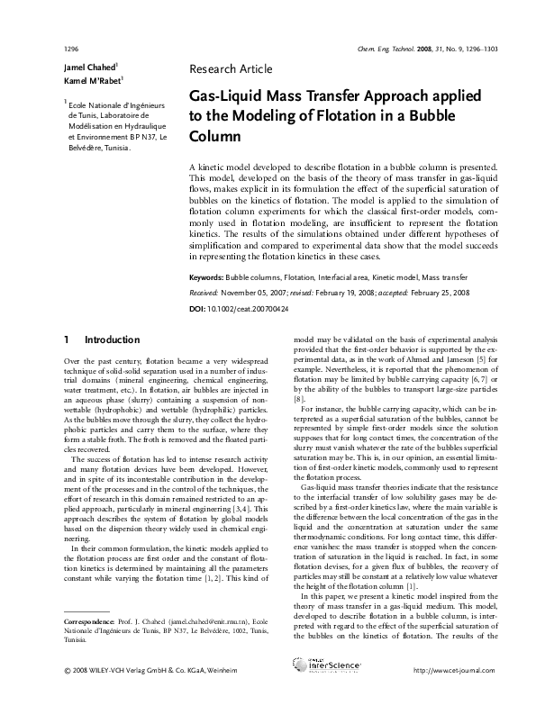 (PDF) Gas-Liquid Mass Transfer Approach applied to the Modeling of ...