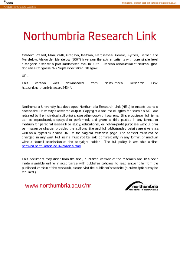 Inversion therapy in patients with pure single level discogenic disease: a pilot randomised trial