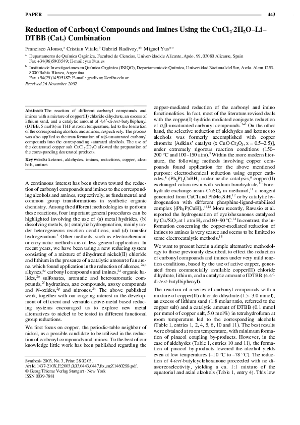 (PDF) Reduction of Carbonyl Compounds and Imines Using the CuCl 2 ·2H 2 ...