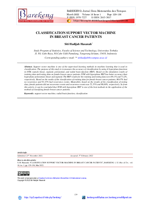 (PDF) Classification Support Vector Machine in Breast Cancer Patients