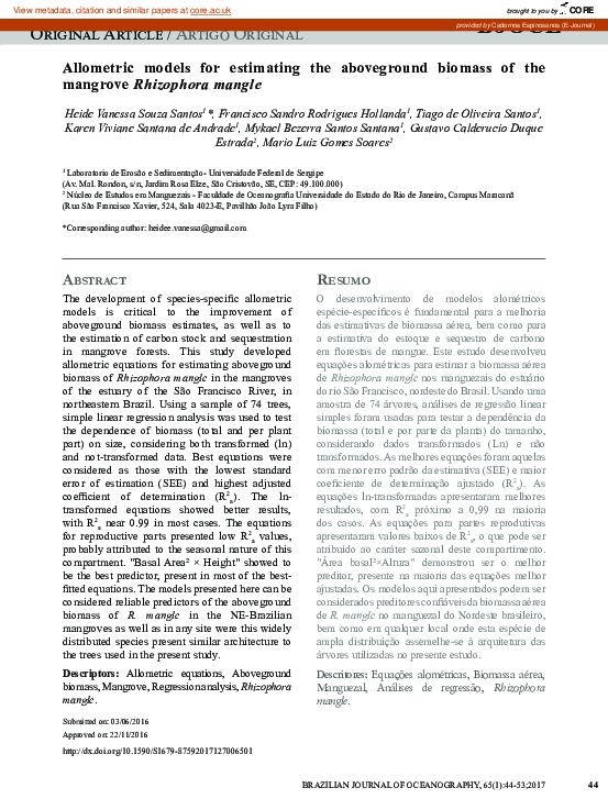 (PDF) Allometric models for estimating the aboveground biomass of the ...