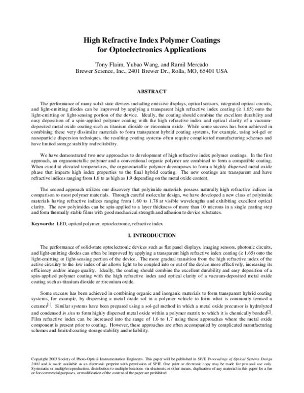(PDF) Highrefractiveindex polymer coatings for optoelectronics