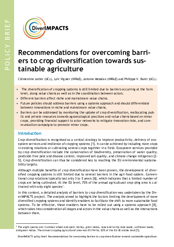 (PDF) Recommendations for overcoming barriers to crop diversification ...