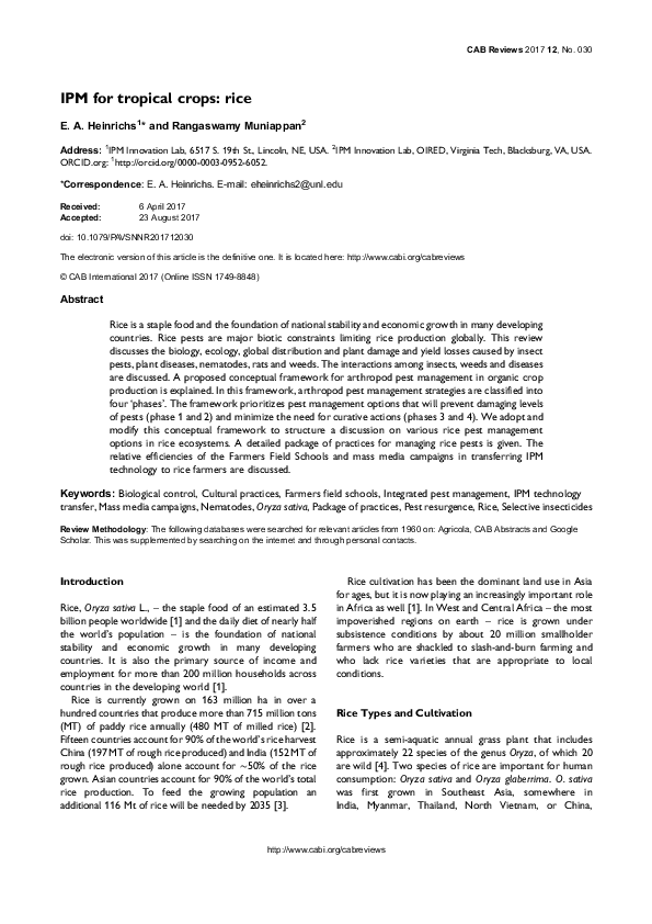 (PDF) IPM for tropical crops: rice