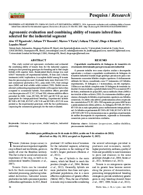(PDF) Agronomic evaluation and combining ability of tomato inbred lines ...