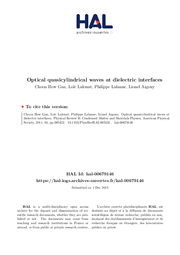 (PDF) Optical quasicylindrical waves at dielectric interfaces