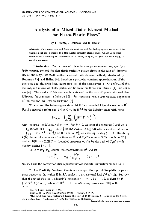 (PDF) Analysis of a mixed finite element method for elasto-plastic plates