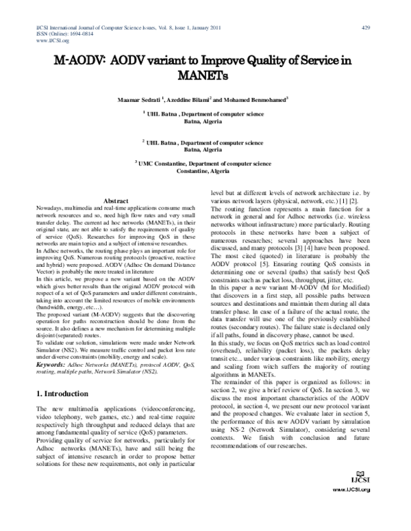 (PDF) M-AODV: AODV variant to Improve Quality of Service in