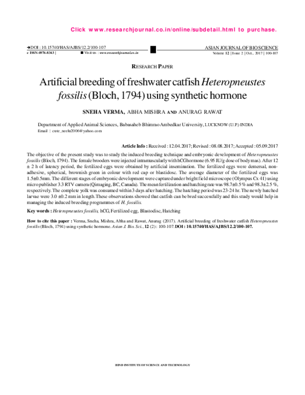 (PDF) Artificial breeding of freshwater catfishHeteropneustes fossilis