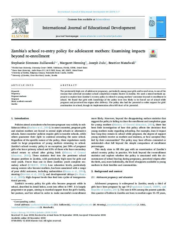 (PDF) Zambia’s school re-entry policy for adolescent mothers: Examining ...