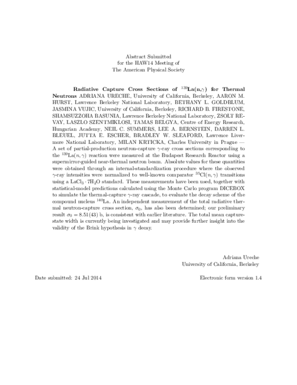 (PDF) Radiative Capture Cross Sections of $^{139} $ La (n, $\ gamma ...